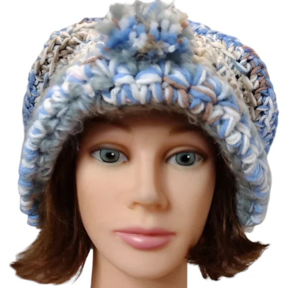 Slouchy beret bohemian blue bead hand-knit hat - Picture 7 of 11